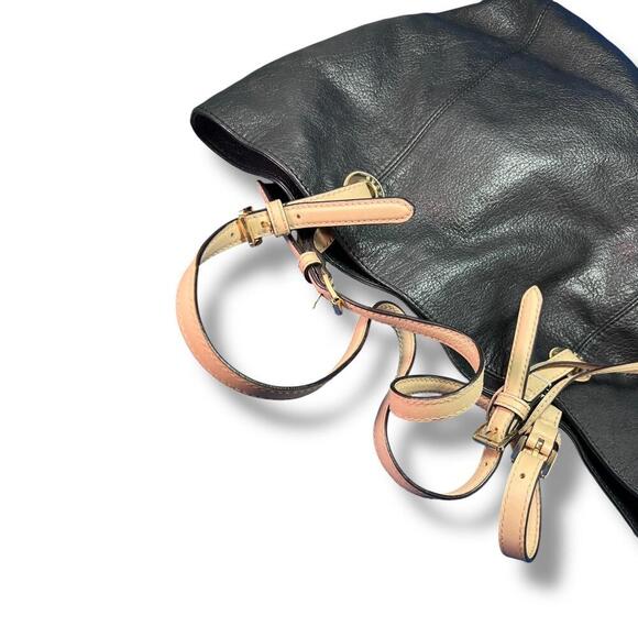 Michael Kors Astor Pebbled Leather Tote Bag Black Beige Trim Gold Logo Charm - Picture 6 of 11